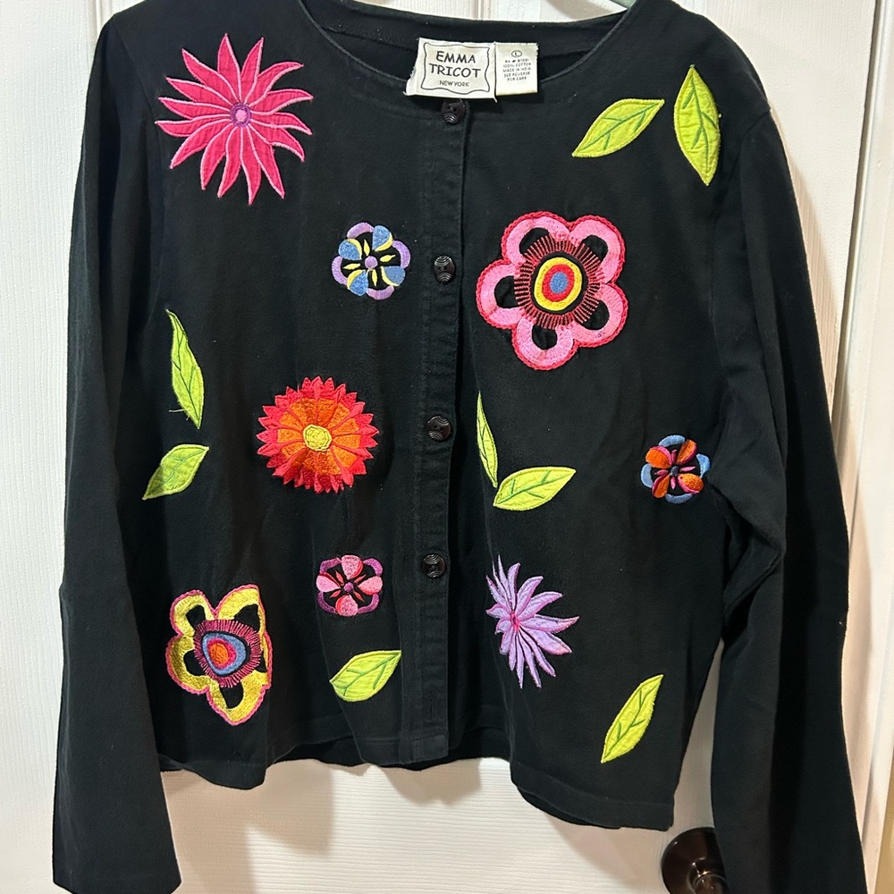 VTG EMMA Tricot New York Women's Embroidered Spring Flower Grannycore Cardigan